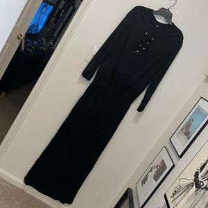 MONROW LARGE GATHERED ELASTIC WAIST LONG SLEEVE TIE FRONT SLIT SIDE BLACK DRESS